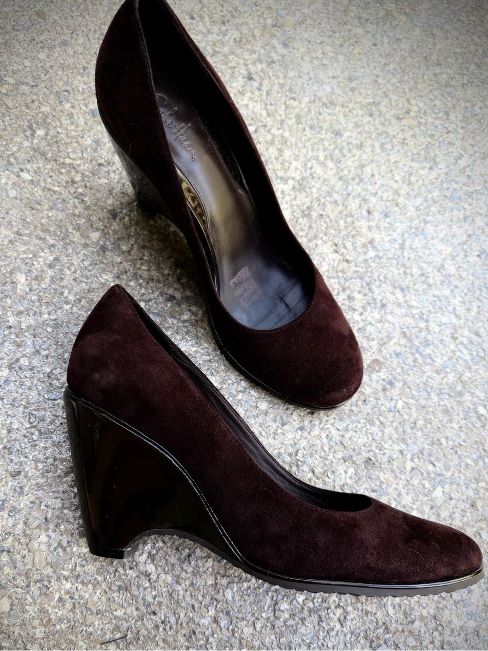 COLE HAAN  Suede Wedge Pumps with Nike Air Cushioning in Dark Brown